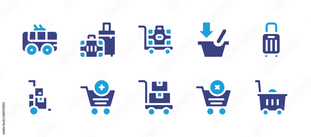 Trolley icon set. Duotone color. Vector illustration. Containing trolley bus, baggage, luggage, add to cart, trolley, remove from cart, cart.