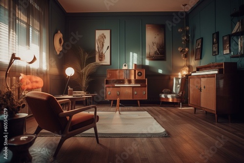 A retro-modern room featuring prominent geometric shapes and a wood prototype frame, exhibiting a cozy tone. Generative AI