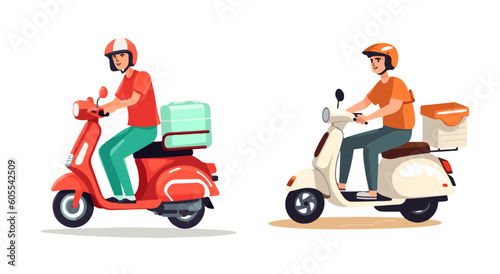 courier, delivery man in uniform with thermo backpack on a moped vector