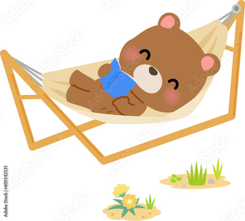 ハンモックで読書するクマのキャラクター