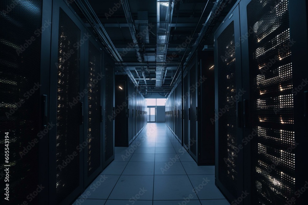 A dim data center with cloud storage servers. Generative AI Stock
