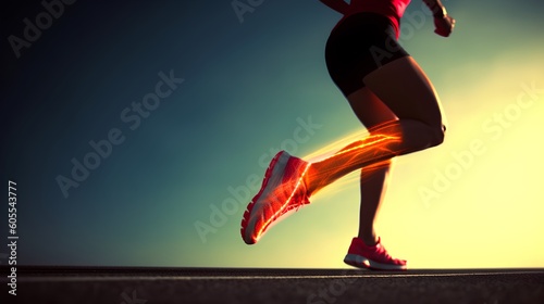 Concept of calf pain, runner's legs with a highlighted area indicating pain. Common injury in sports and fitness activities, emphasizing the need for proper training and recovery. Generative AI