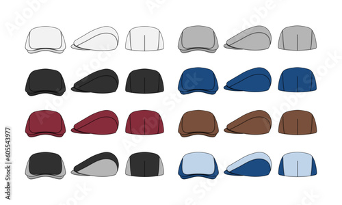 Flat cap ( hunting hat ) vector template illustration set