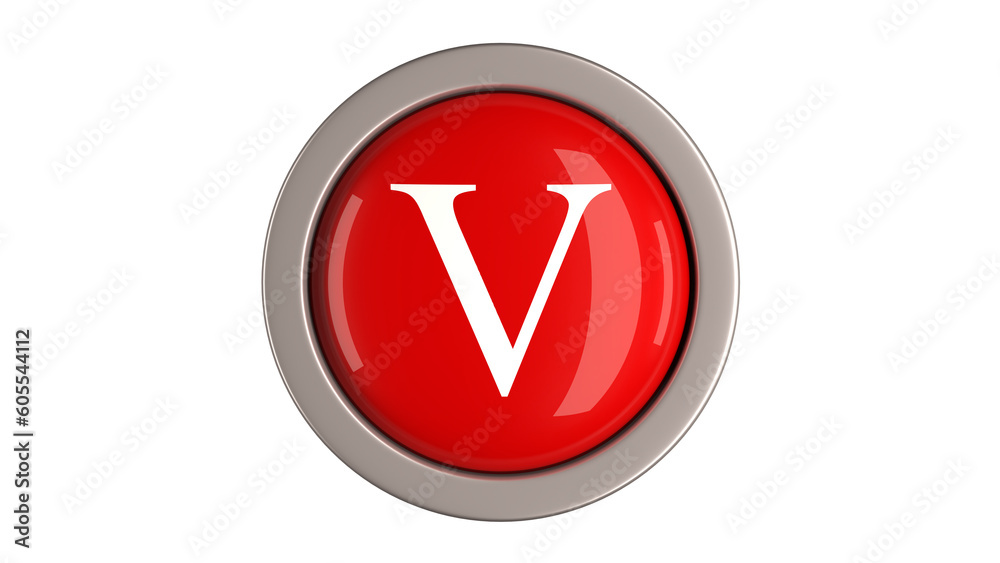 Red Button 3d with letter V white color on top, 3d button PNG isolated white background Red Button 3d with letter V white color on top, 3d button PNG isolated white background