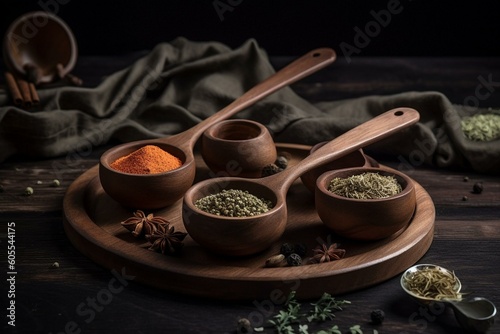 Wooden plate holding bowls of spices and herbs on a table with a spoon. Generative AI