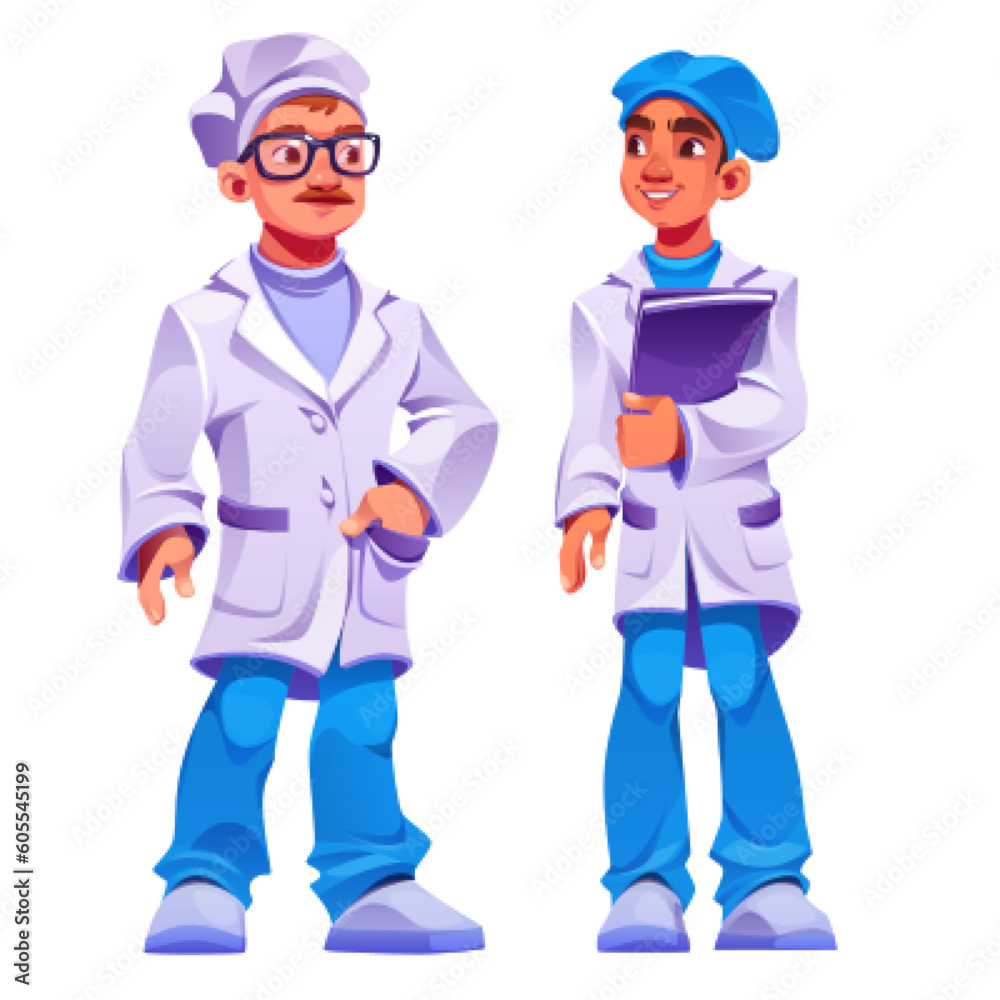 Cartoon doctor character team set vector illustration. Medical group with male professional staff. Standing therapist with stethoscope or dentist in uniform isolated on white background.