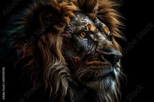 A black background featuring the head of a lion with Rastafarian colors and traits. Generative AI