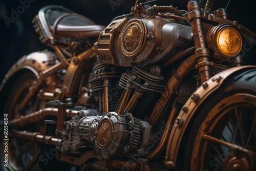 Innovative steampunk motorcycle with futuristic design elements. Generative AI