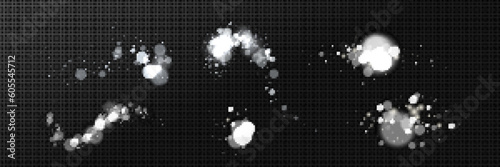 Realistic set blurred silver white lights sparkling on black background. Vector illustration of abstract festive garland, magic shimmering dust, fantasy fireflies at night. Banner design elements