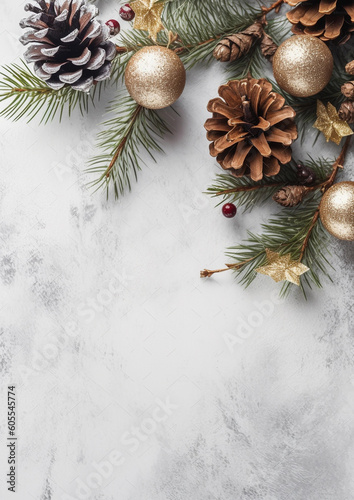 christmas background with fir branches and cones