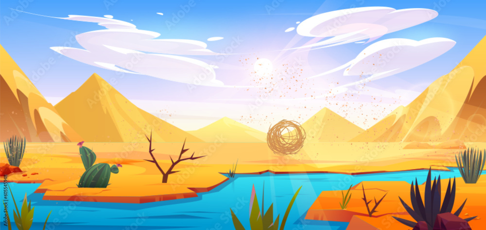 Desert river landscape with tumbleweed ball vector cartoon background. Oasis with lake water in dry african Sahara illustration with flying tumble weed roll with dust particles near green cactus.