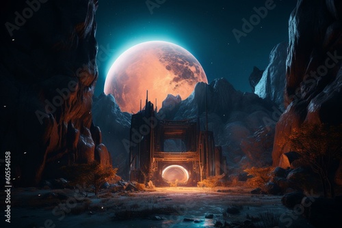 Unexplored planet with neon gateway and fantastical scene. Generative AI