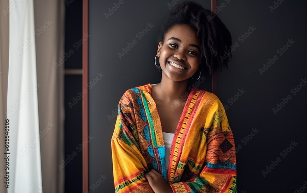 Black dark-skinned african american teenage girl in colorful bright clothes smiling portrait. Generative AI Black dark-skinned african american teenage girl in colorful bright clothes smiling portrait. Generative AI
