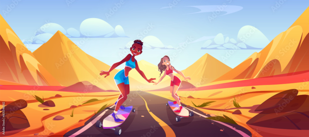 Fototapeta premium Sexy woman on desert asphalt road with skateboard cartoon landscape. Girl couple do extreme sport in dry african terrain. Cool female skater travel in sahara panorama for adventure game illustration