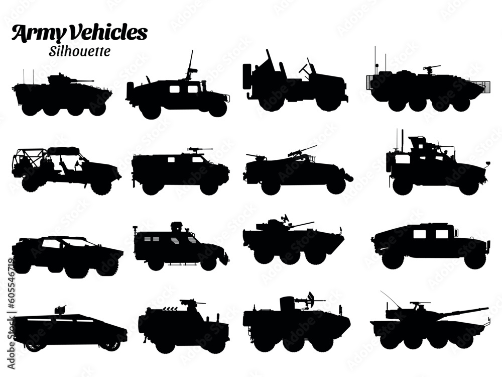Army vehicles silhouettes vector illustration set
