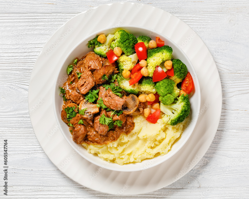 beef mushrooms stew with mashed potato and salad beef mushrooms stew with mashed potato and salad