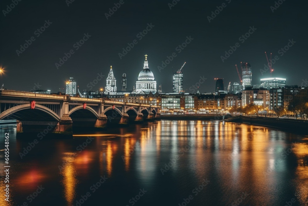 London cityscape at night with historical architecture. Generative AI