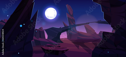 Mountains landscape with rocks, cliffs and canyon at night. Dark scene of stone wasteland with gorge, ledge, stone bridge and moon in sky, vector cartoon illustration