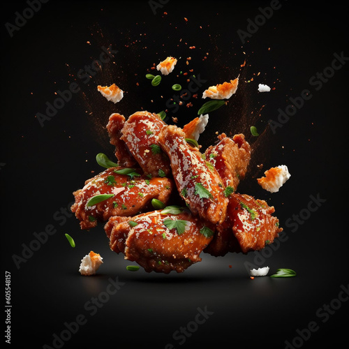 3d realistic rendering the flying delicious spicy chicken wings in black background