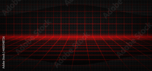 Red laser grid cyber newretrowave 3d background. Neon digital room with vaporwave and square cell wireframe. Futuristic retro mesh dimension pattern with floor. Geek outline aesthetic texture design