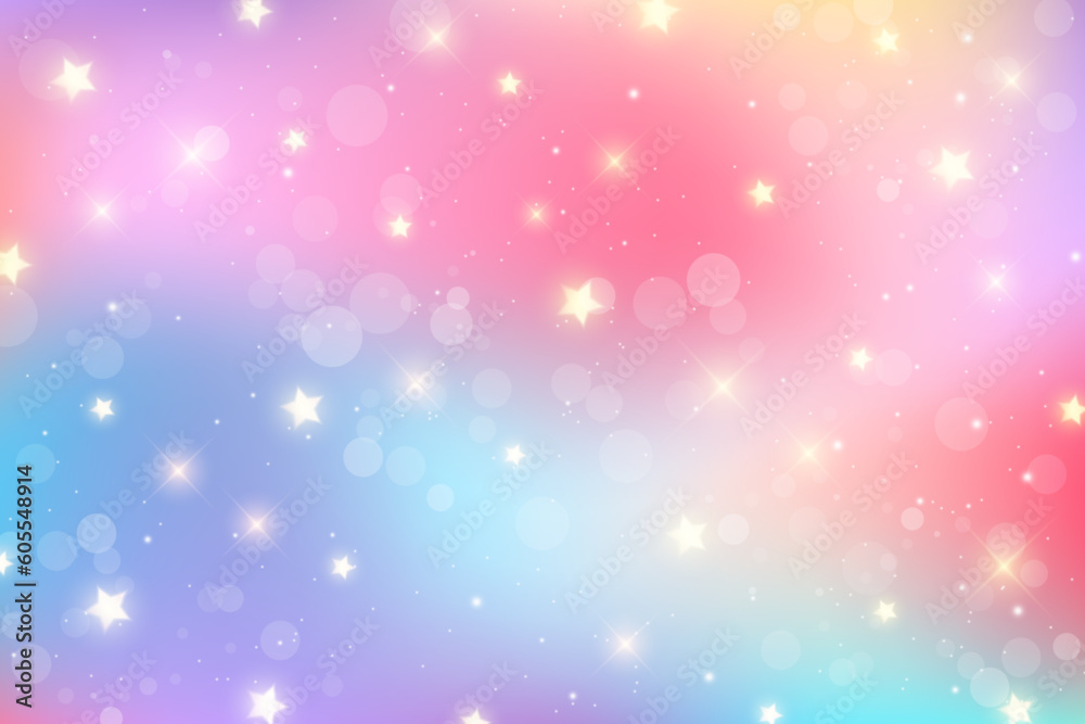 Rainbow pastel background with stars. Unicorn glitter galaxy. Abstract fantasy space. Holographic iridescent design with sparkles. Vector cosmic bg. Rainbow pastel background with stars. Unicorn glitter galaxy. Abstract fantasy space. Holographic iridescent design with sparkles. Vector cosmic bg.