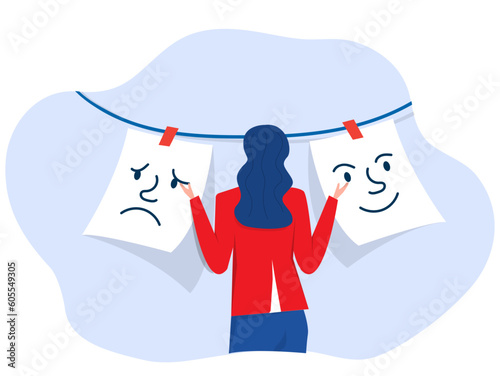woman confused Mixed emotions of happiness and sadness under mask imposter syndrome, Bipolar disorder, fake faces and emotions. psychology, false behavior or deceiver.vector illustrator