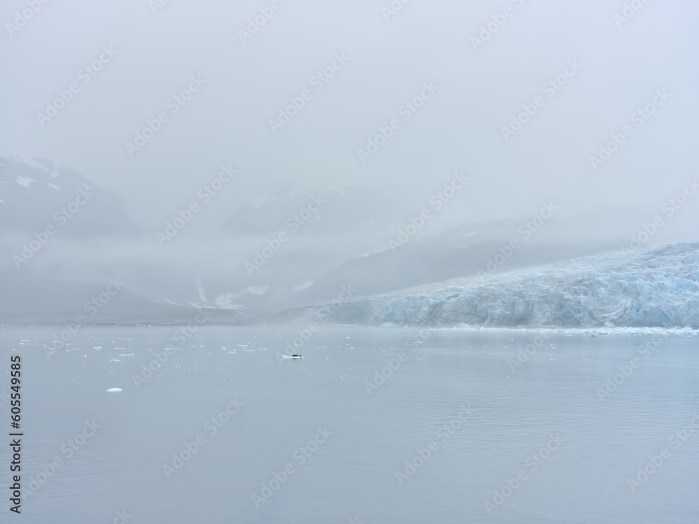 Glaciers in mist and fog on Prince William Sound near Whittier Alaska