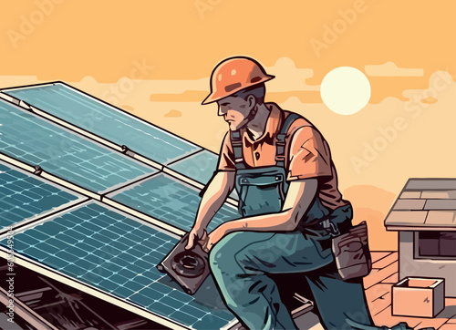 construction worker installing solar panels