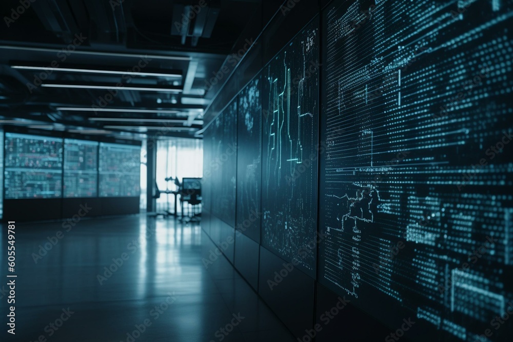 Computer screen displays binary data in futuristic data center for ...