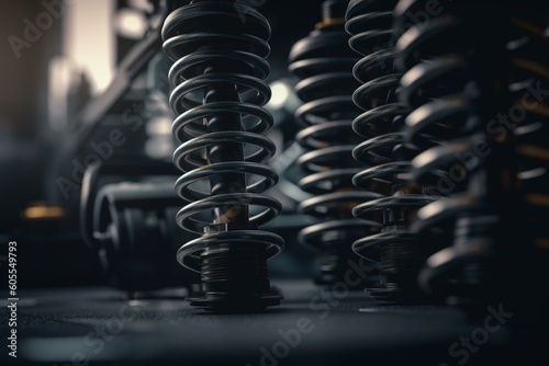 Technical transport springs and car shock absorbers on blurred gray background. Generative AI photo