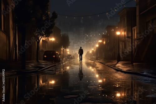 Man walking on the street at night in the city, generative ai