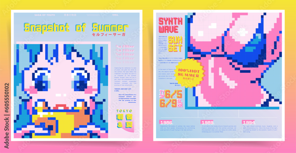 Pixel Art Retro Posters. Aesthetic Japanese Patterns from the 80s-90s. Young Woman Make Selfie in a New Summer Swimsuit. 8 Bit Summer Vector Girl for Covers, Cards, Posters, Banners.