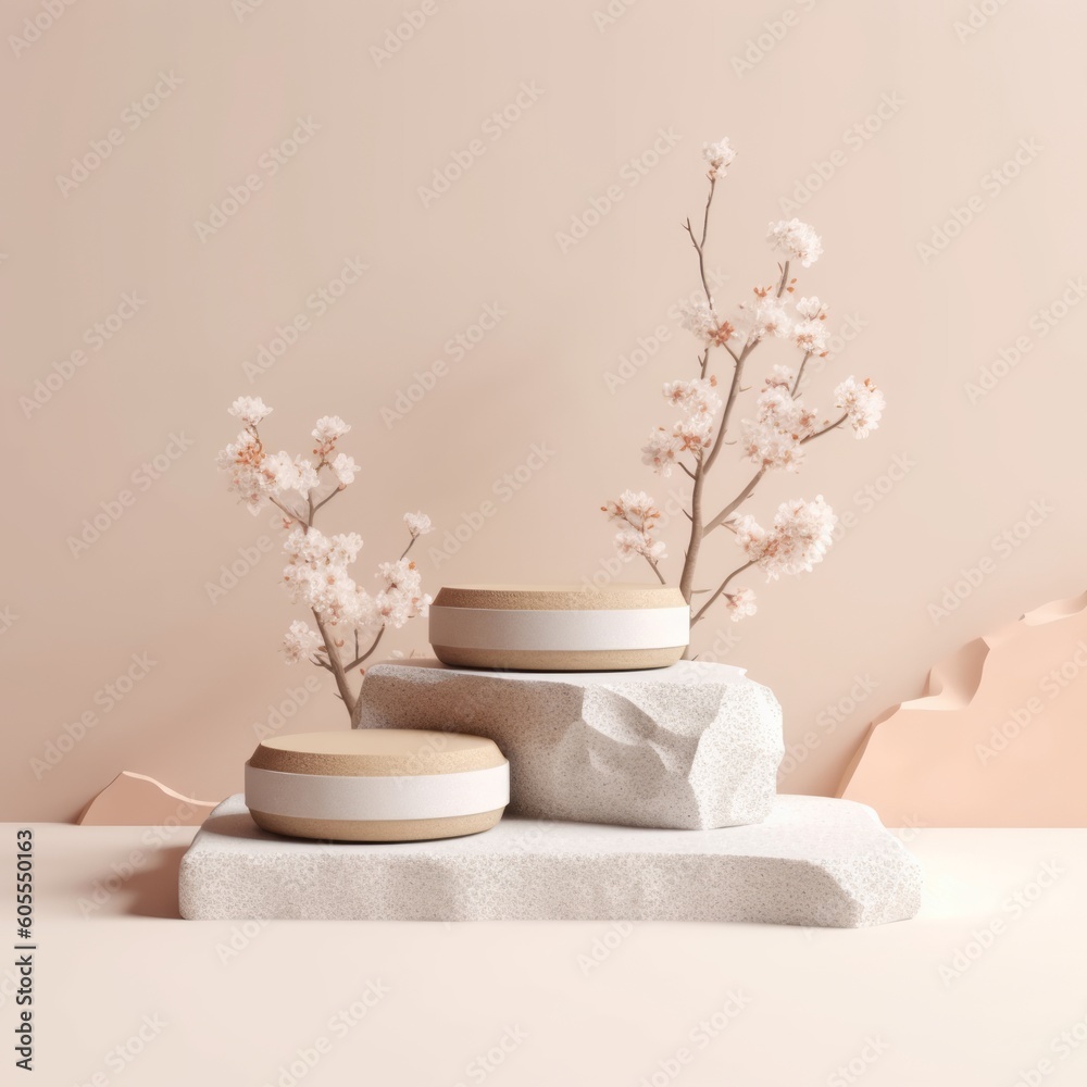 Beige podium, natural cherry tree, Generative AI Beige podium, natural cherry tree, Generative AI