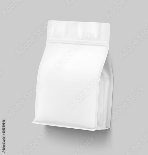 Realistic gusseted bag mockup. Vector illustration. Half side view with shadow. Ready for your design. Suite for the presentation of coffee, foods, pets and etc. EPS10
