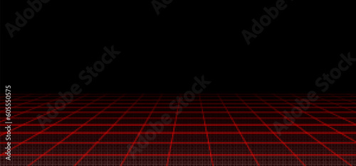 Retro futuristic red laser grid perspective on black background. Vector illustration of abstract mesh pattern. 80s sci fi matrix landscape with light beam network. Vaporwave cyberspace. Security