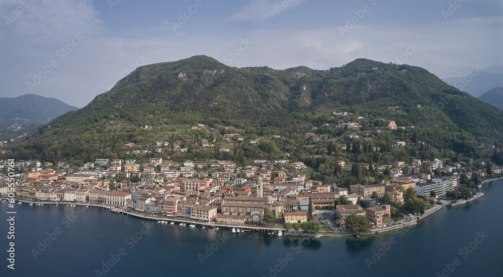 Panoramic view of the historic part of Salò on Lake Garda Italy. Tourist site on Lake Garda. Aerial view of the town on Lake Garda.