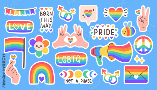 LGBT sticker pack on blue background. LGBTQ set. Symbol of the LGBT pride community. Rainbow elements.