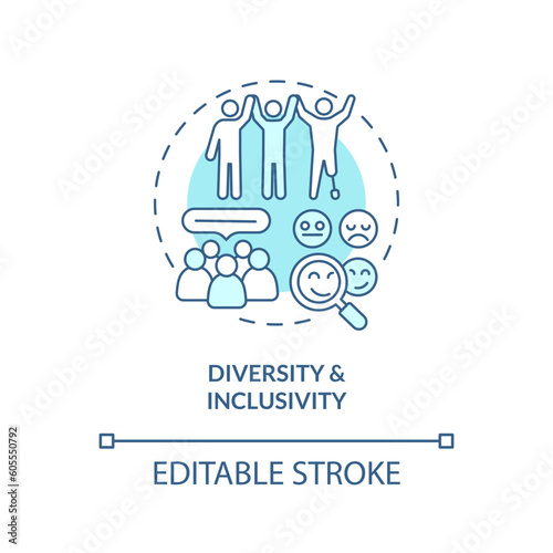 Diversity and inclusivity turquoise concept icon. Organizational culture. Social equality. Support network. Safe space abstract idea thin line illustration. Isolated outline drawing. Editable stroke
