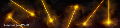 Laser rays, effect of neon light beams. Abstract shiny gold rays, futuristic security or scanner flare beams isolated on dark transparent background, vector realistic illustration