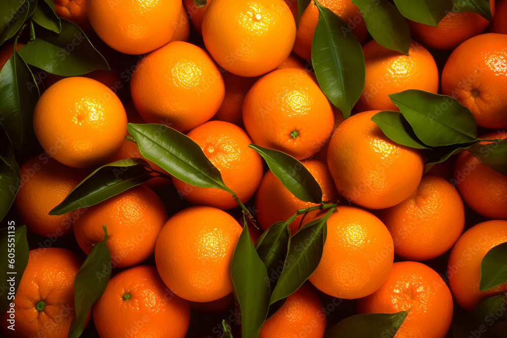 Background of fresh mandarins or oranges with green leaves. Generative AI Background of fresh mandarins or oranges with green leaves. Generative AI