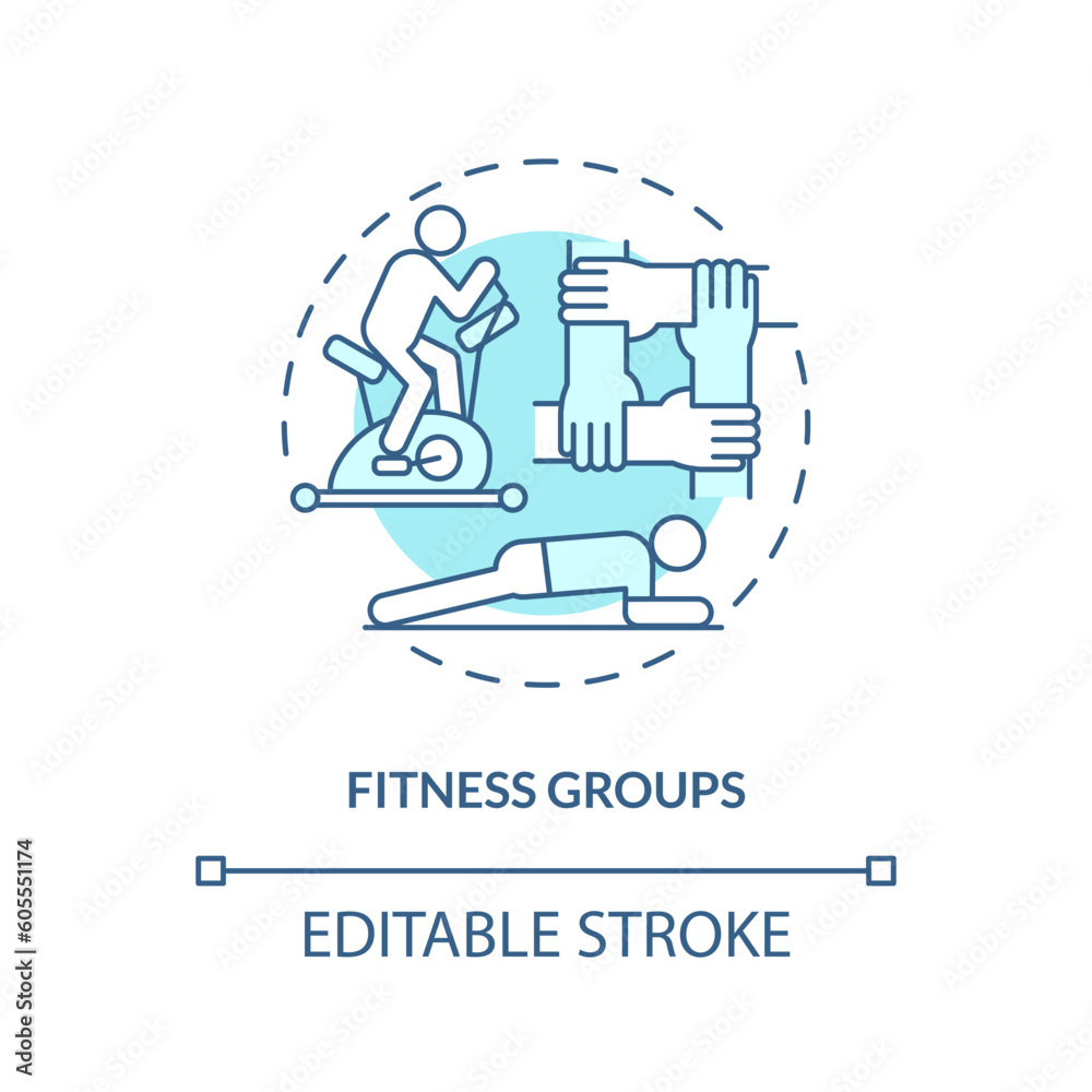 Fitness groups turquoise concept icon. Sport activity. Physical exercise. Training together. Community support abstract idea thin line illustration. Isolated outline drawing. Editable stroke