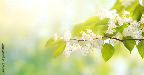Flowering bird cherry branch with green leaves in soft light on a blurred background. Floral banner. Generative AI