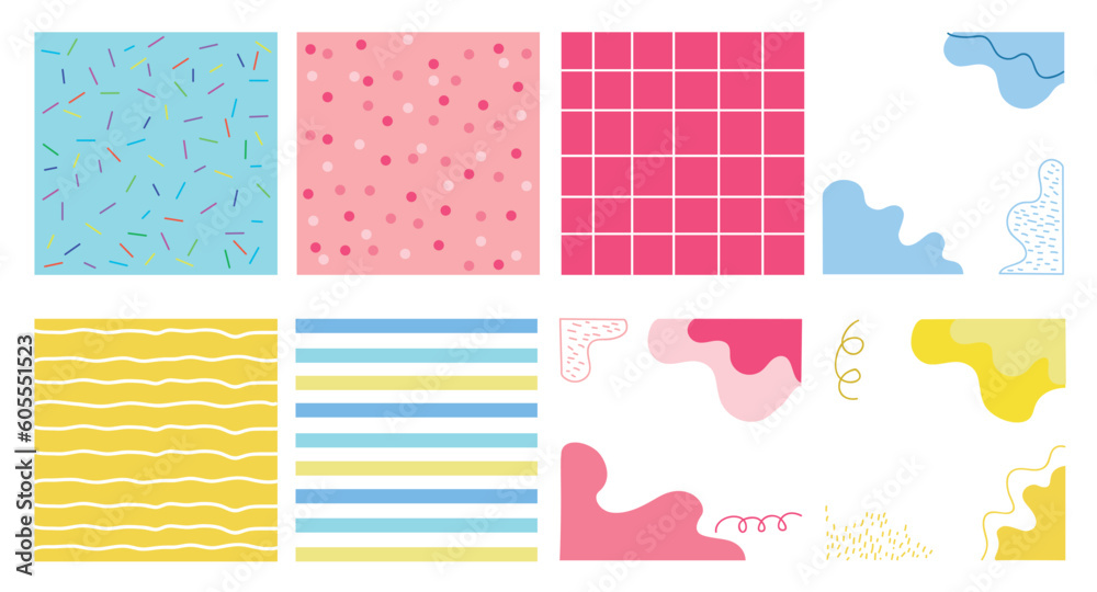 Set de ocho patrones tipo papel tapiz o fondos para diseños de colores diversos en circulos y lineas color rosado azul y amarillo 