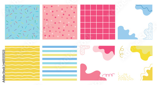 Set de ocho patrones tipo papel tapiz o fondos para diseños de colores diversos en circulos y lineas color rosado azul y amarillo 