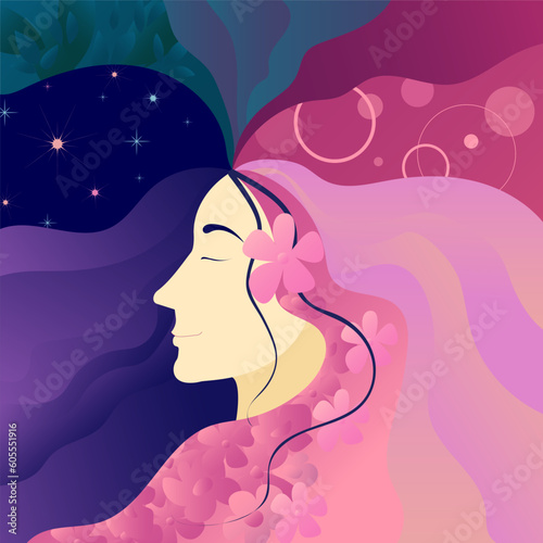 Female profile with long flowing hair. The concept of meditation, sleep, lucid dreaming, mental health