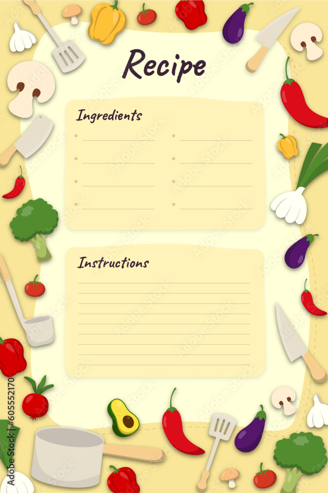 Recipe cards. Pages for culinary book decorated with ingredients and kitchen utensils. Food preparation icons. Cook card template vector set. Vector recipe book template Recipe cards. Pages for culinary book decorated with ingredients and kitchen utensils. Food preparation icons. Cook card template vector set. Vector recipe book template