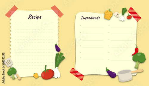 Recipe cards. Pages for culinary book decorated with ingredients and kitchen utensils. Food preparation icons. Cook card template vector set. Vector recipe book template