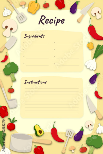 Recipe cards. Pages for culinary book decorated with ingredients and kitchen utensils. Food preparation icons. Cook card template vector set. Vector recipe book template
