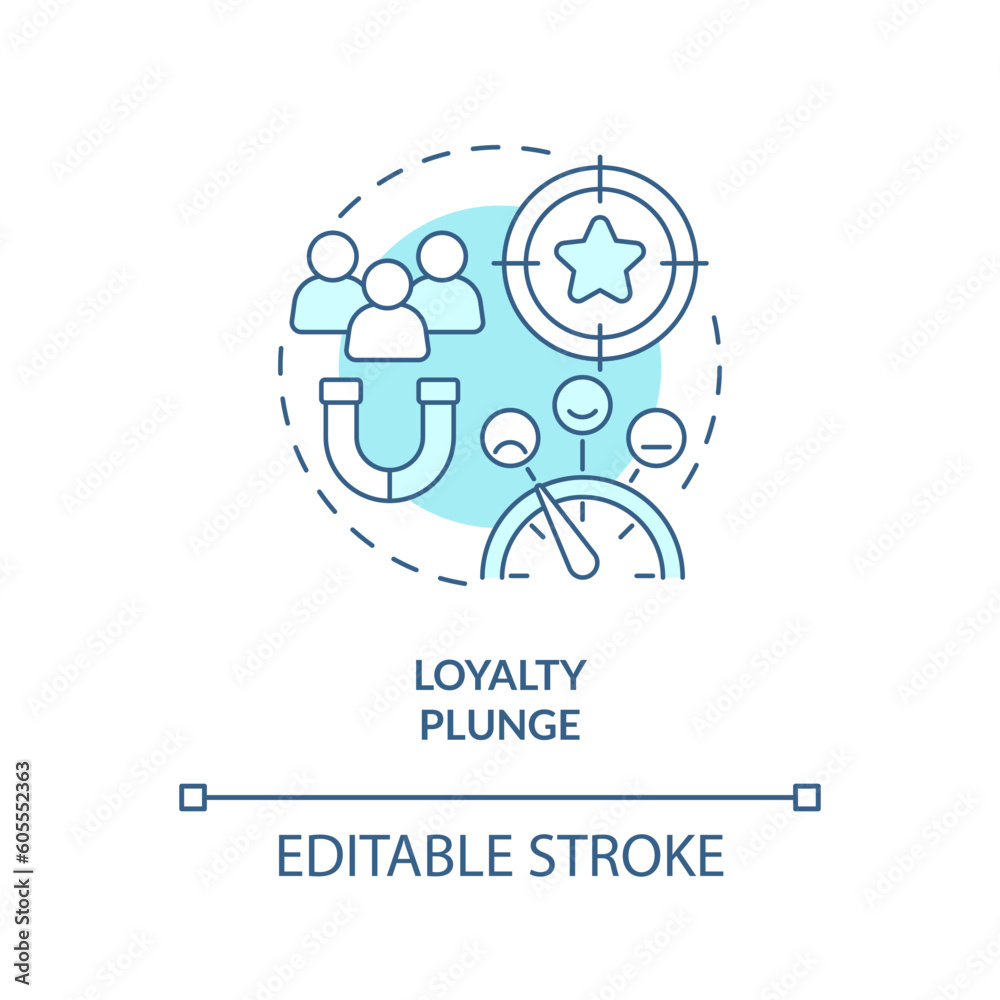 Loyalty plunge turquoise concept icon. Brand strategy. Customer retention. Shared values. Build community abstract idea thin line illustration. Isolated outline drawing. Editable stroke Loyalty plunge turquoise concept icon. Brand strategy. Customer retention. Shared values. Build community abstract idea thin line illustration. Isolated outline drawing. Editable stroke
