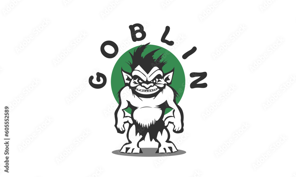 Vector funny graphic simple monochrome ugly goblin with green circle on white isolated background. Sticker or icon.